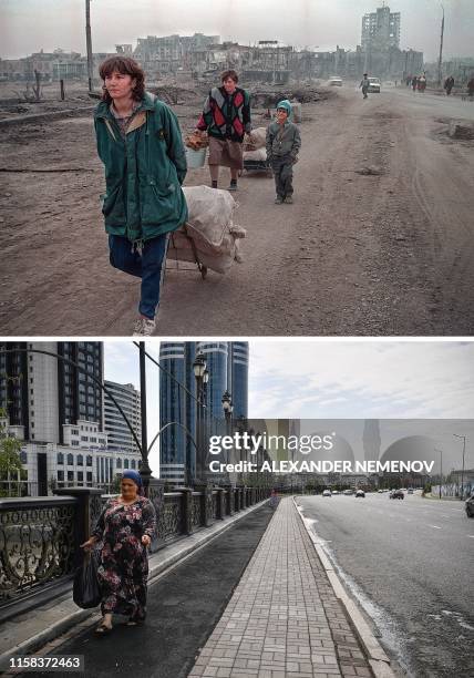 This combination of photos created on July 29 shows a bridge over the Sunzha river in downtown Grozny on March 31 and the same location view taken on...
