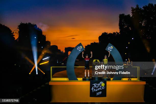 Second place Geraint Thomas of Great Britain and Team Ineos, winner of Tour de France 2019 yellow jersey Egan Bernal Gomez of Colombia and Team...