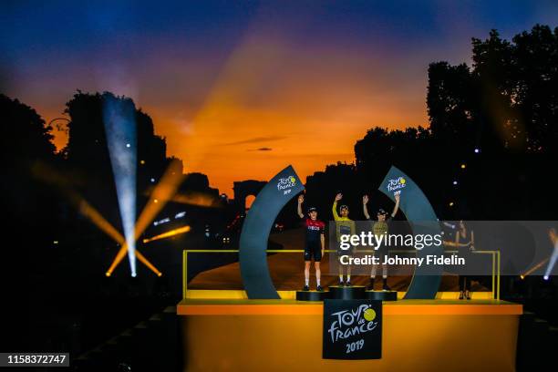 Second place Geraint Thomas of Great Britain and Team Ineos, winner of Tour de France 2019 yellow jersey Egan Bernal Gomez of Colombia and Team...