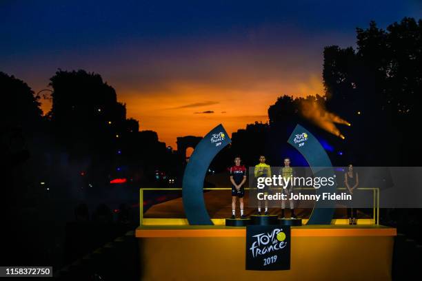 Second place Geraint Thomas of Great Britain and Team Ineos, winner of Tour de France 2019 yellow jersey Egan Bernal Gomez of Colombia and Team...