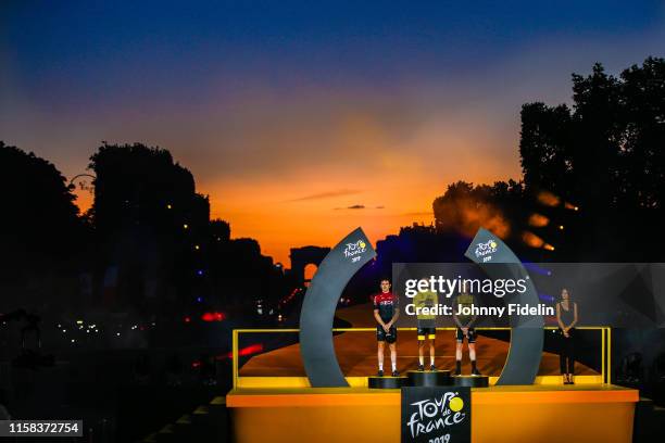 Second place Geraint Thomas of Great Britain and Team Ineos, winner of Tour de France 2019 yellow jersey Egan Bernal Gomez of Colombia and Team...