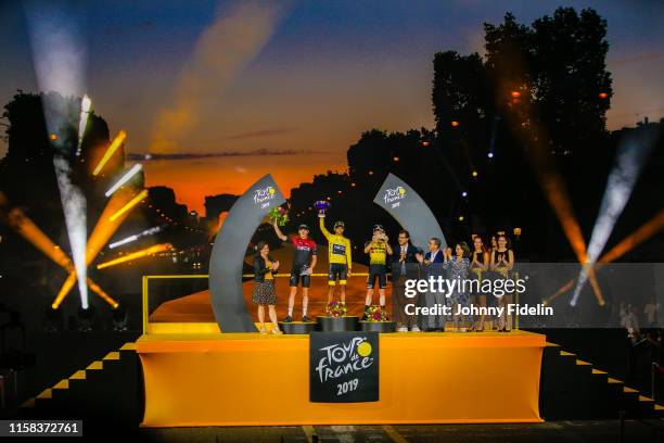 Roxana Maracineanu, French Minister of Sport, Second place Geraint Thomas of Great Britain and Team Ineos, winner of Tour de France 2019 yellow...