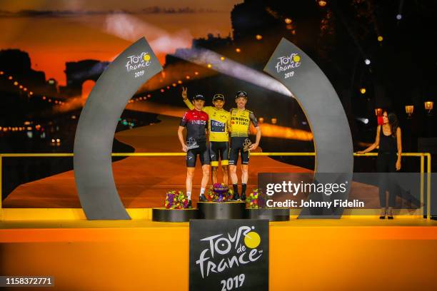 Second place Geraint Thomas of Great Britain and Team Ineos, winner of Tour de France 2019 yellow jersey Egan Bernal Gomez of Colombia and Team...