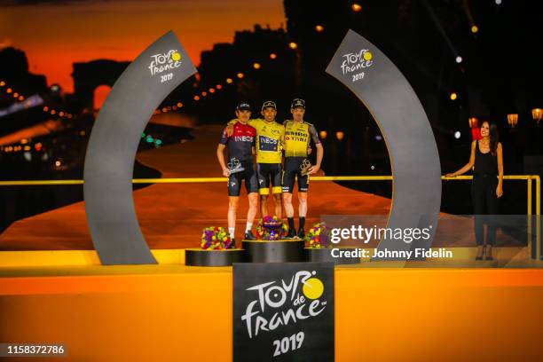 Second place Geraint Thomas of Great Britain and Team Ineos, winner of Tour de France 2019 yellow jersey Egan Bernal Gomez of Colombia and Team...