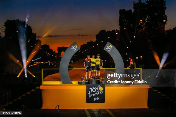 Second place Geraint Thomas of Great Britain and Team Ineos, winner of Tour de France 2019 yellow jersey Egan Bernal Gomez of Colombia and Team...