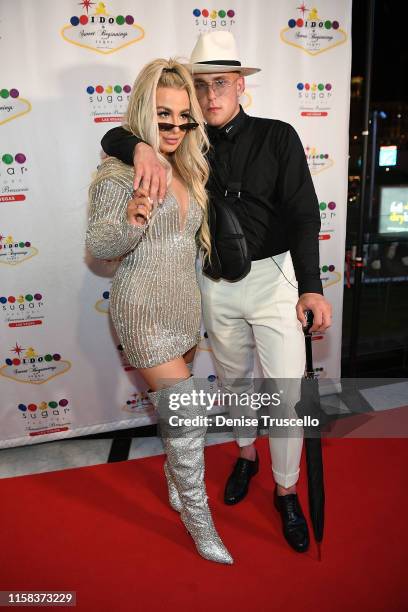 Tana Mongeau and Jake Paul arrive at their wedding reception in Sugar Factory on July 28, 2019 in Las Vegas, Nevada.