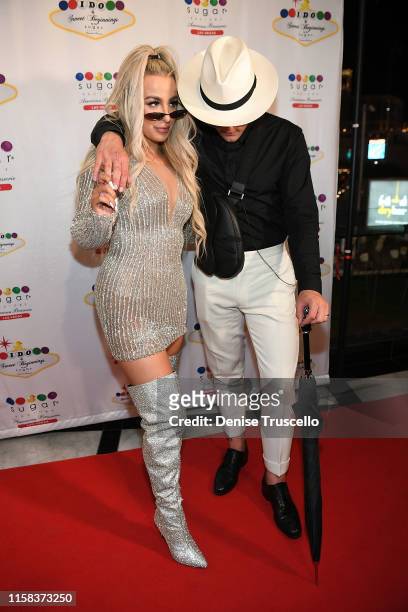 Tana Mongeau and Jake Paul arrive at their wedding reception in Sugar Factory on July 28, 2019 in Las Vegas, Nevada.
