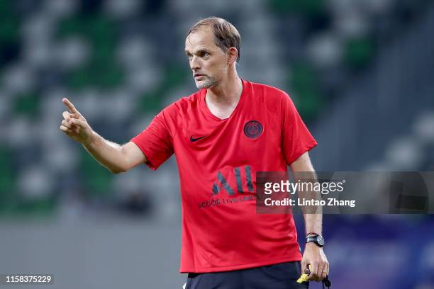 Head coach Thomas Tuchel of Paris Saint-Germain gestures during the training session at Suzhou Olympic Sports Center Stadium one day before their...