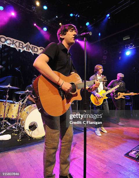 Lead singer Tom Higgenson of Plain White T's performs during the MTV Games Hosts Rock Band 2 Party to Benefit LIFEbeat at the House of Blues on...