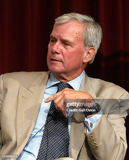 Tom Brokaw, anchor and managing editor of the top-rated "NBC Nightly News," listens while participating in a panel discussion with other national...