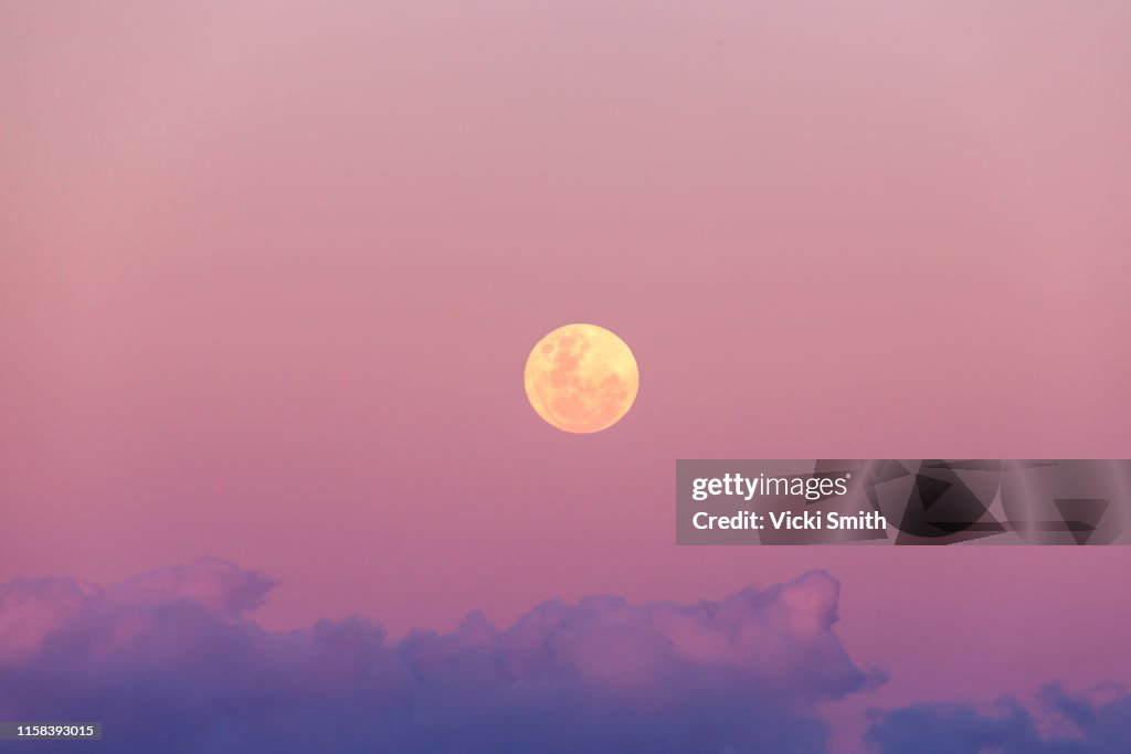 Beautiful pink and purple full moon rise at sunset