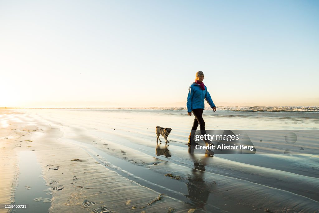 Senior woman walking her dog on the beach at dawn