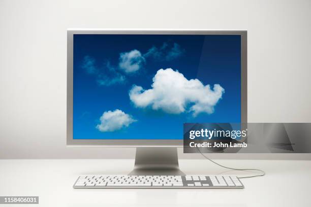 cloud network desk. - desktop computer stock pictures, royalty-free photos & images