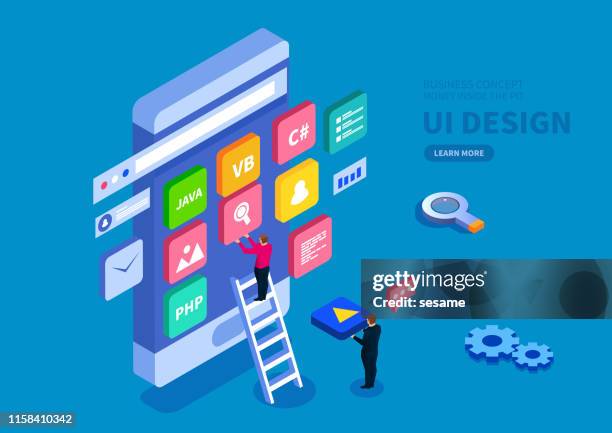 smartphone ui design, computer programming and search engine design - website wireframe stock illustrations