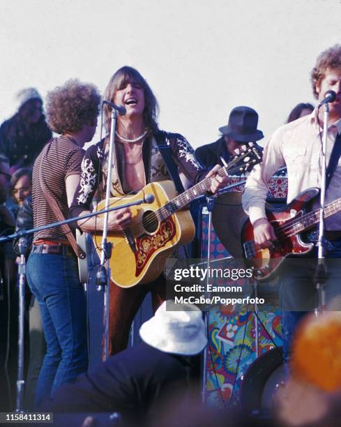 The Flying Burrito Brothers, featuring Gram Parsons, performing during the Altamont Speedway Free Music Festival held on Saturday, December 6, 1969...