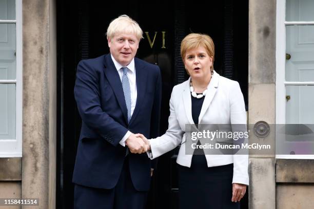 Scotland's First Minister Nicola Sturgeon welcomes Prime Minister Boris Johnson outside Bute House on July 29, 2019 in Edinburgh, Scotland. The PM is...