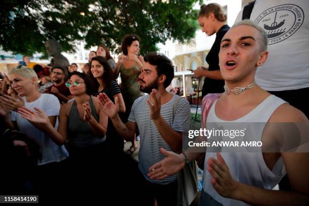 Demonstrators gather in support of Lebanese indie band Mashrou' Leila at Samir Kassir Square in downtown Beirut on July 29, 2019. - A Lebanese indie...