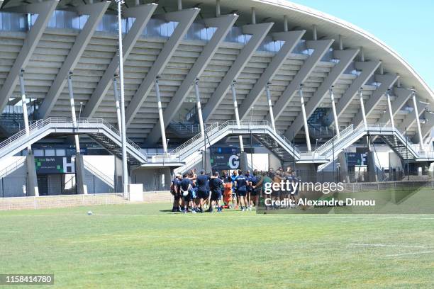 Team of Montpellier and GGl Stadium during Montpellier rugby training session on July 29, 2019 in Montpellier, France.