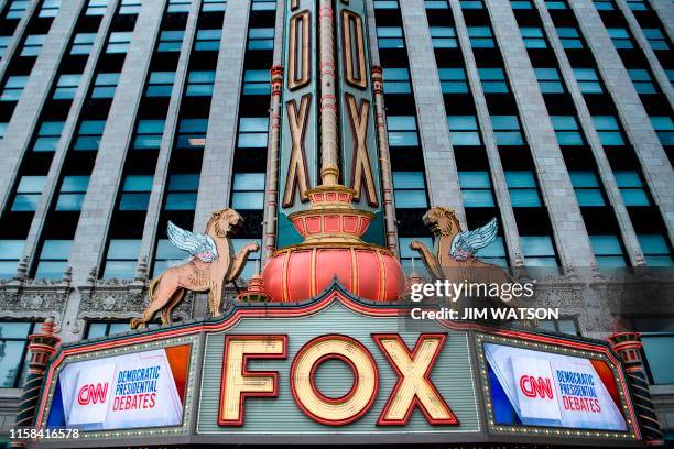 The Fox Theatre is seen ahead of the democratic debates in Detroit, Michigan on July 29, 2019. - Democrat presidential candidates will debate in...