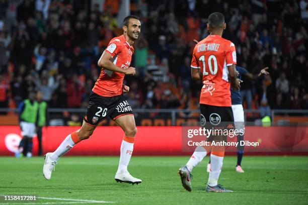 Matthieu Saunier of Lorient celebrates a goal during the Ligue 2 match between Lorient and Paris FC at Stade du Moustoir on July 29, 2019 in Lorient,...