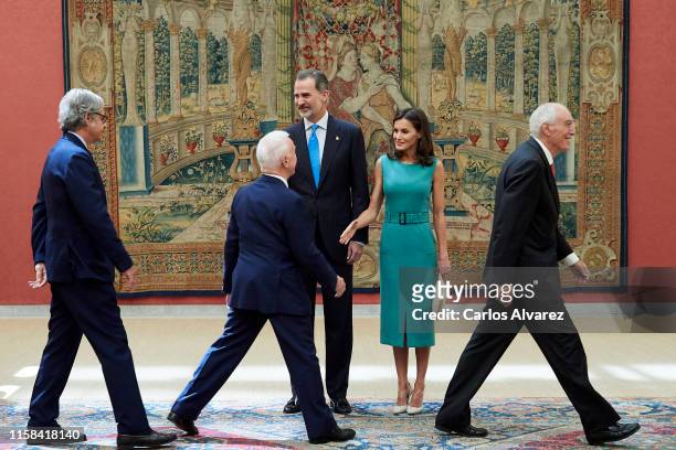 King Felipe VI of Spain and Queen Letizia of Spain meet with the members of the Boards of Trustees of the Princess of Asturias Foundation at the...