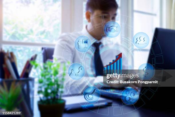 business process and strategy concept on virtual screen background. innovation and solutions for financial growth. - performance management system stock pictures, royalty-free photos & images