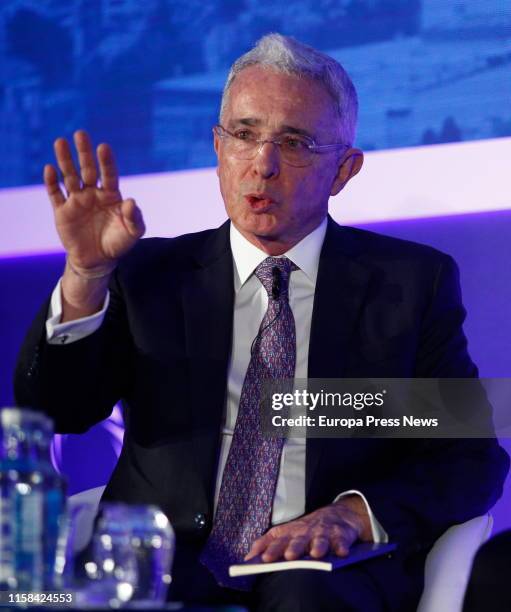 The former president of Colombia Álvaro Uribe, is seen during his speech in the I Concordia Europe - AmchamSpain Summit at Eurostars Madrid Tower...