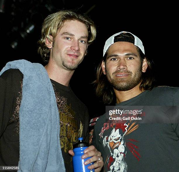 Boston Red Sox Johnny Damon, right, and teammate Bronson Arroyo, left, backstage at Arroyo's CD launch party for "Covering The Bases" at Avalon in...