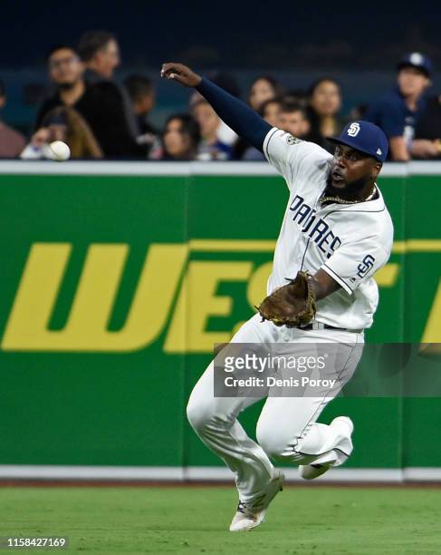 Franmil Reyes of the San Diego Padres makes the catch on a ball hit by Jace Peterson of the Baltimore Orioles during the fourth inning of a baseball...