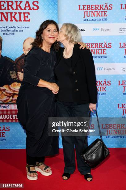 Eva Mattes and Enzi Fuchs during the premiere of the Eberhofer Krimi "Leberkaesjunkie" at Mathaeser Filmpalast on July 29, 2019 in Munich, Germany.