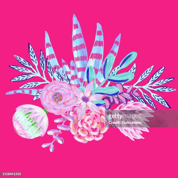 bouquet with hand drawn leaves, flowers and succulents isolated on pink background. oil, acrylic painting floral pattern. design element for greeting cards and  wedding, birthday and other holiday and summer invitation cards background. - buttercup family stock illustrations