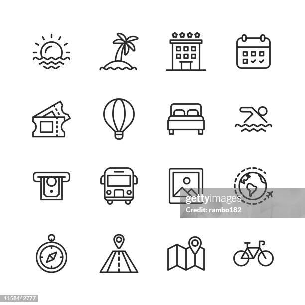 bildbanksillustrationer, clip art samt tecknat material och ikoner med resor linje ikoner. redigerbar stroke. pixel perfekt. för mobil och webb. innehåller sådana ikoner som---. - luftballong