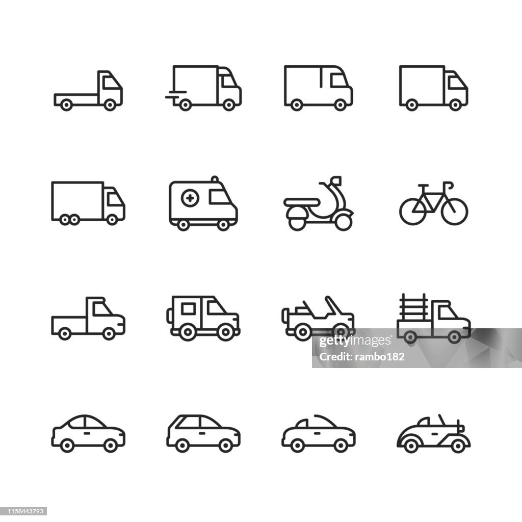 Icone della linea di trasporto. Tratto modificabile. Pixel Perfetto. Per dispositivi mobili e Web. Contiene icone come Trasporto, Auto, Camion, Automobile, Ambulanza, Guida.