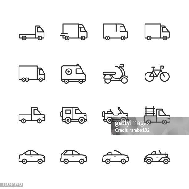 ilustrações de stock, clip art, desenhos animados e ícones de transportation line icons. editable stroke. pixel perfect. for mobile and web. contains such icons as transportation, car, truck, automobile, ambulance, driving. - pick-up