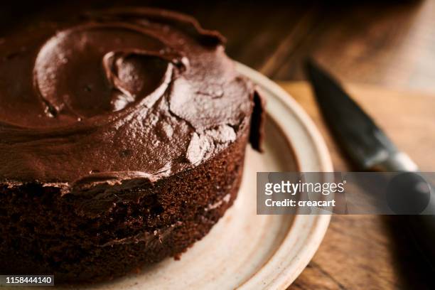在質樸的盤子上享用奢華的巧克力蛋糕。 - chocolate cake 個照片及圖片檔