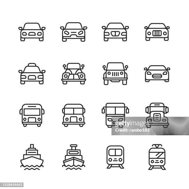 ilustrações, clipart, desenhos animados e ícones de linha ícones do transporte. traçado editável. pixel perfeito. para mobile e web. contém ícones como transporte, carro, veículo, trem, navio de cruzeiro, ônibus, entrega, logística. - ônibus