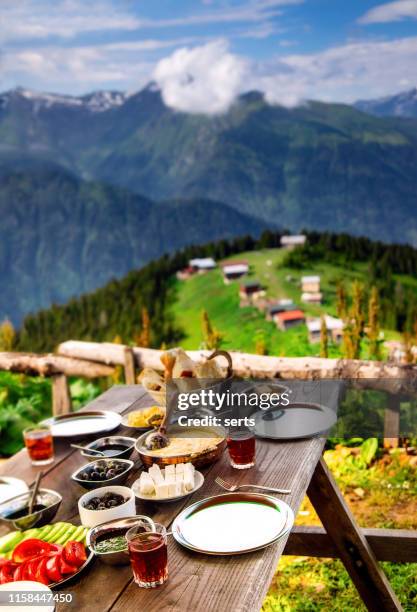 delicious breakfast with landscape view in pokut plateau, camlıhemsin, rize, turkey - cheddar village stock pictures, royalty-free photos & images