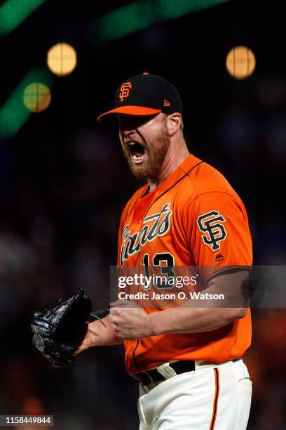 Will Smith of the San Francisco Giants celebrates after the game against the Los Angeles Dodgers at Oracle Park on June 7, 2019 in San Francisco,...
