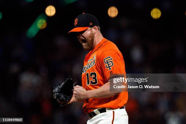 Will Smith of the San Francisco Giants celebrates after the game against the Los Angeles Dodgers at Oracle Park on June 7, 2019 in San Francisco,...