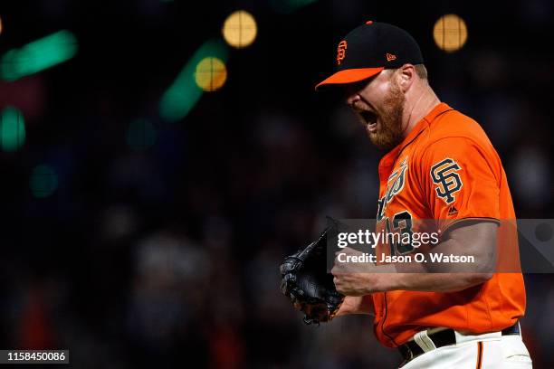 Will Smith of the San Francisco Giants celebrates after the game against the Los Angeles Dodgers at Oracle Park on June 7, 2019 in San Francisco,...