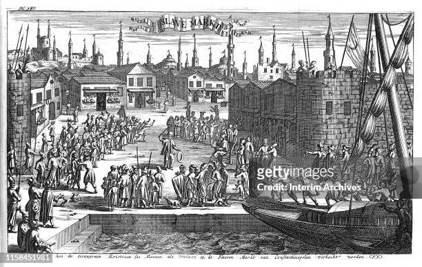 Illustration depicting a slave market in Constantinople, from the book History of Barbary, published in 1684.