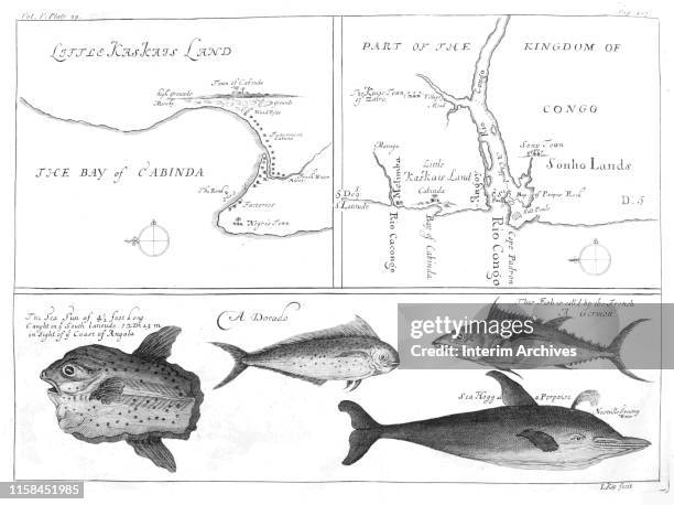 Illustration divided into three parts, with the upper left depicting the Bay of Cabinda and Little Kaskais Land, the upper right depicting part of...