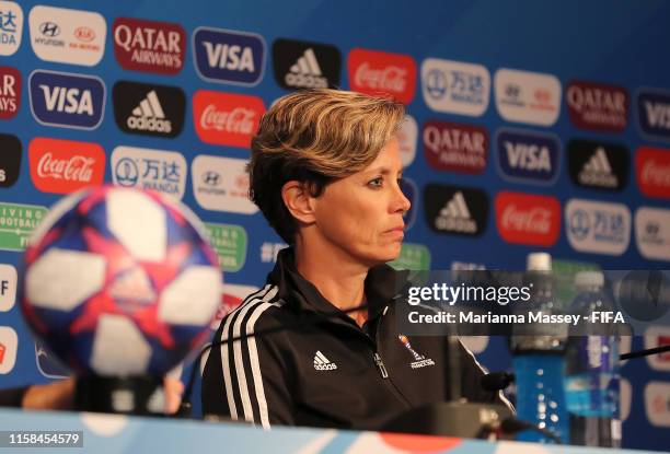 Kari Seitz prepares to address some questions surrounding refereeing during the FIFA Women's World Cup France 2019 during a press conference at Parc...