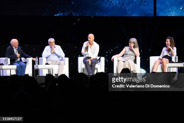 Moderater Gerry Griffin, Michael Hitze, Tony Fadell, Donna Strickland and May-Britt Moser attends Starmus V: A Giant Leap, sponsored by Kaspersky at...