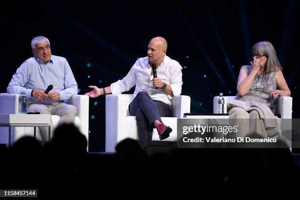 Michael Hitze, Tony Fadell and Donna Strickland attends Starmus V: A Giant Leap, sponsored by Kaspersky at Samsung Hall on June 26, 2019 in Zurich,...