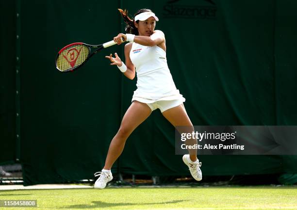 Misaki Doi of Japan plays a forehand during her ladies singles match against Arina Rodinova of Australia during qualifying prior to The...