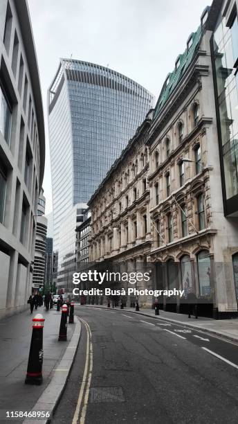 view of 20 fenchurch street (also dubbed 'the walkie-talkie' because of its distinctive shape) from fenchurch street, city of london, london, uk - dubbed stock pictures, royalty-free photos & images