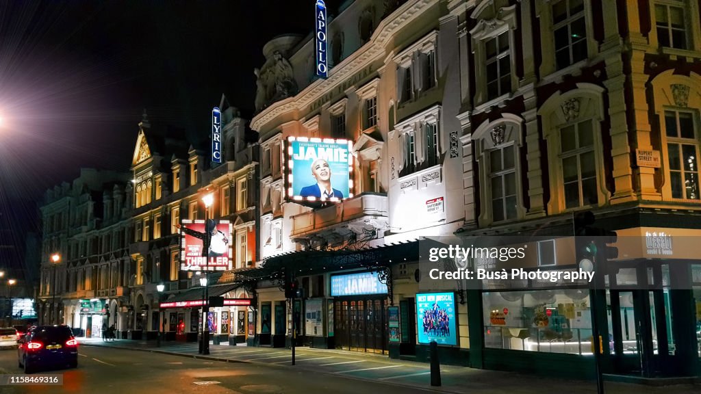The Apollo Theatre and the Lyric Theater in the West End on Shaftesbury Avenue in the City of Westminster, in central London, England