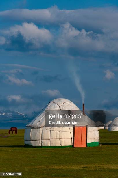nomadic tents known as yurt at the song kol lake, kyrgyzstan - bishkek stock pictures, royalty-free photos & images