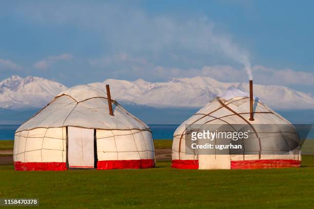 nomadic tents known as yurt at the song kol lake, kyrgyzstan - bishkek stock pictures, royalty-free photos & images